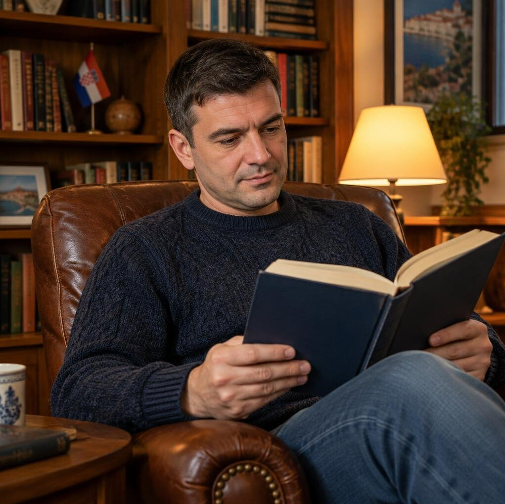 Croatian man reading a book in a leather armchair