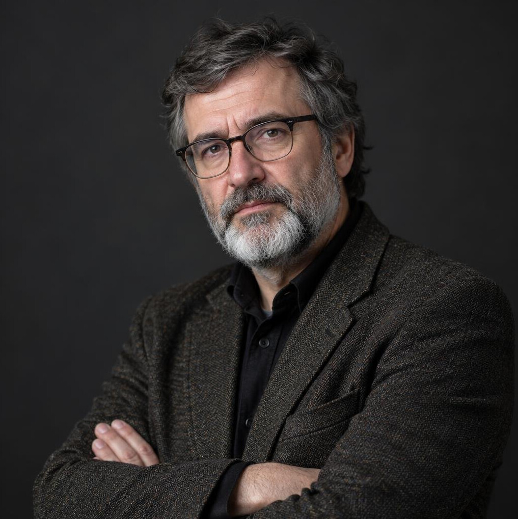 Portrait of a Croatian mystery novelist in his fifties wearing a tweed jacket