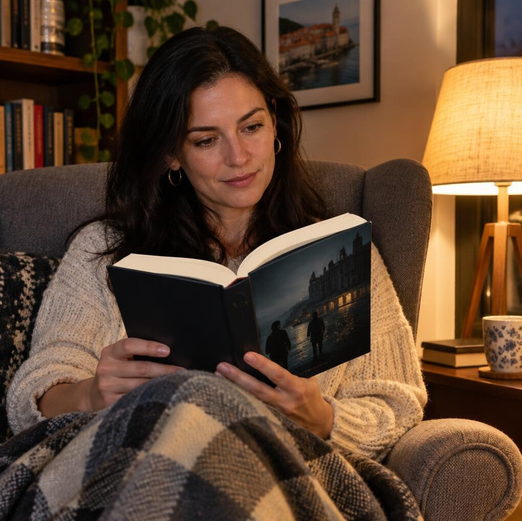 Croatian woman reading a mystery novel by lamp light in an armchair