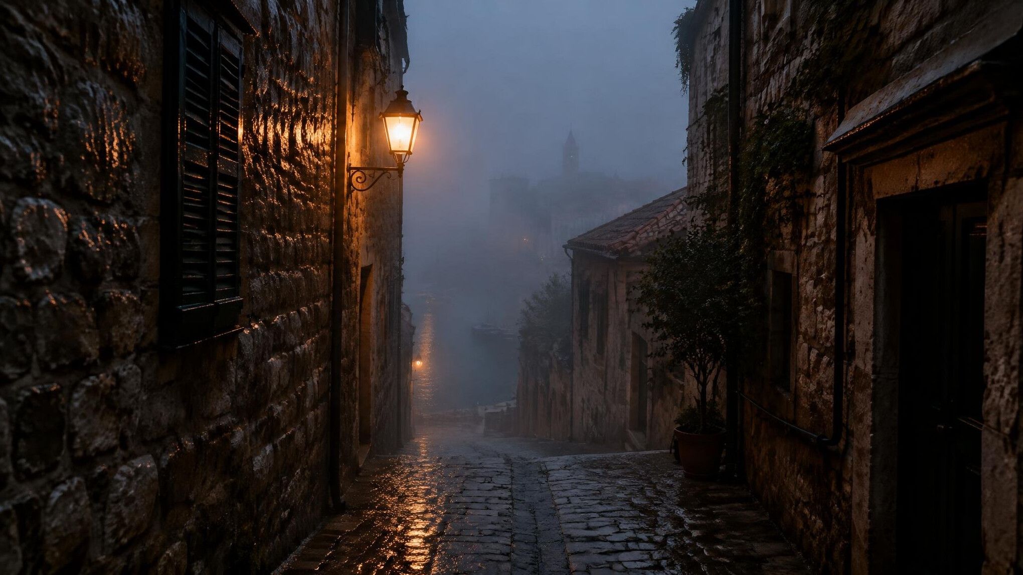 Foggy cobblestone alley in an old European coastal town at dusk